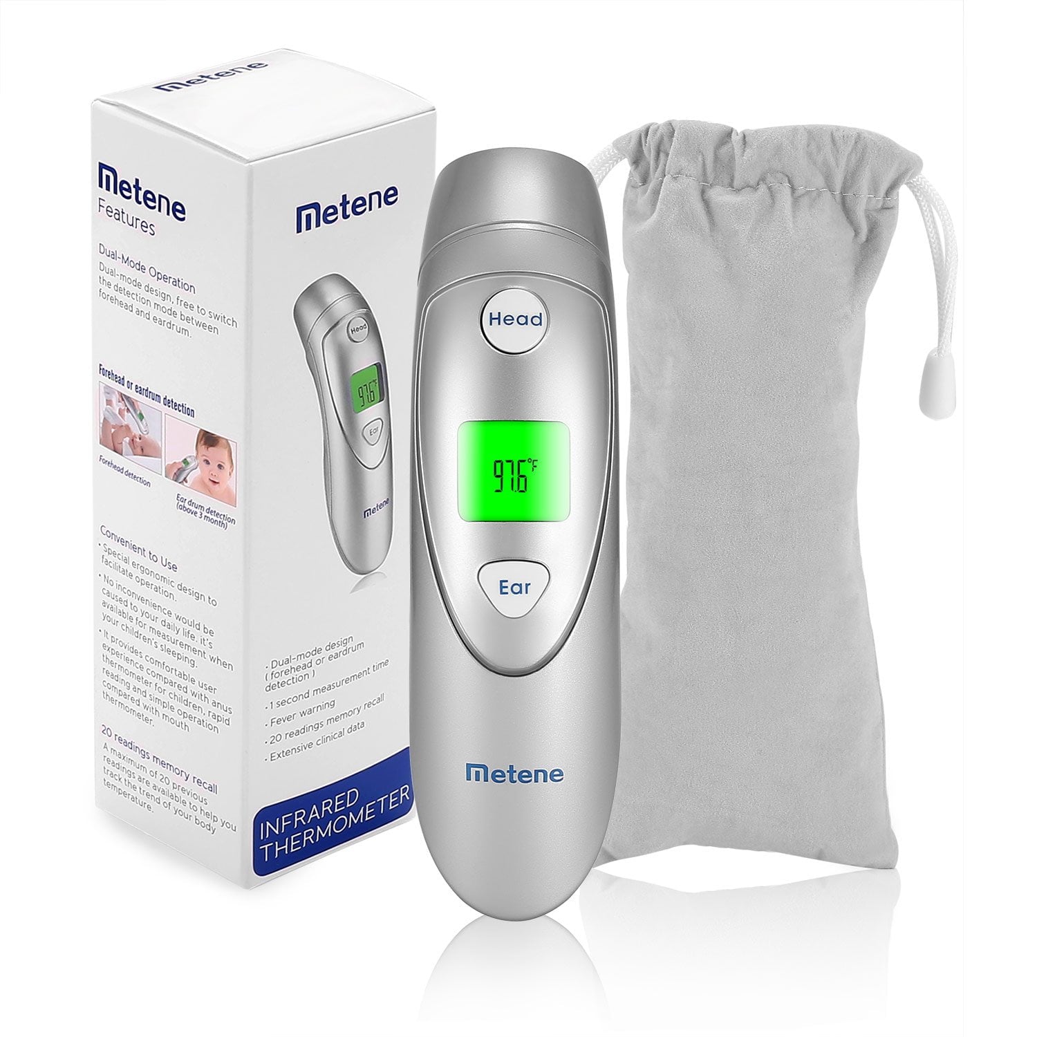 Metene Infrared Digital Thermometer - Quick and Accurate Forehead and Ear Temperature Reading for All Ages