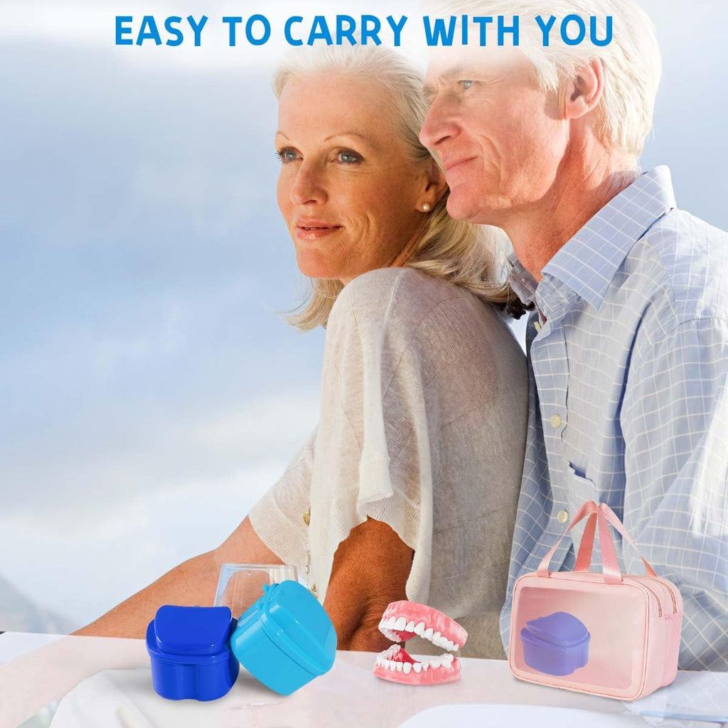 Denture Bath Case Cup Holder Set with Strainer Basket - Convenient 2 Pack for Travel and Cleaning in Light Blue and Blue