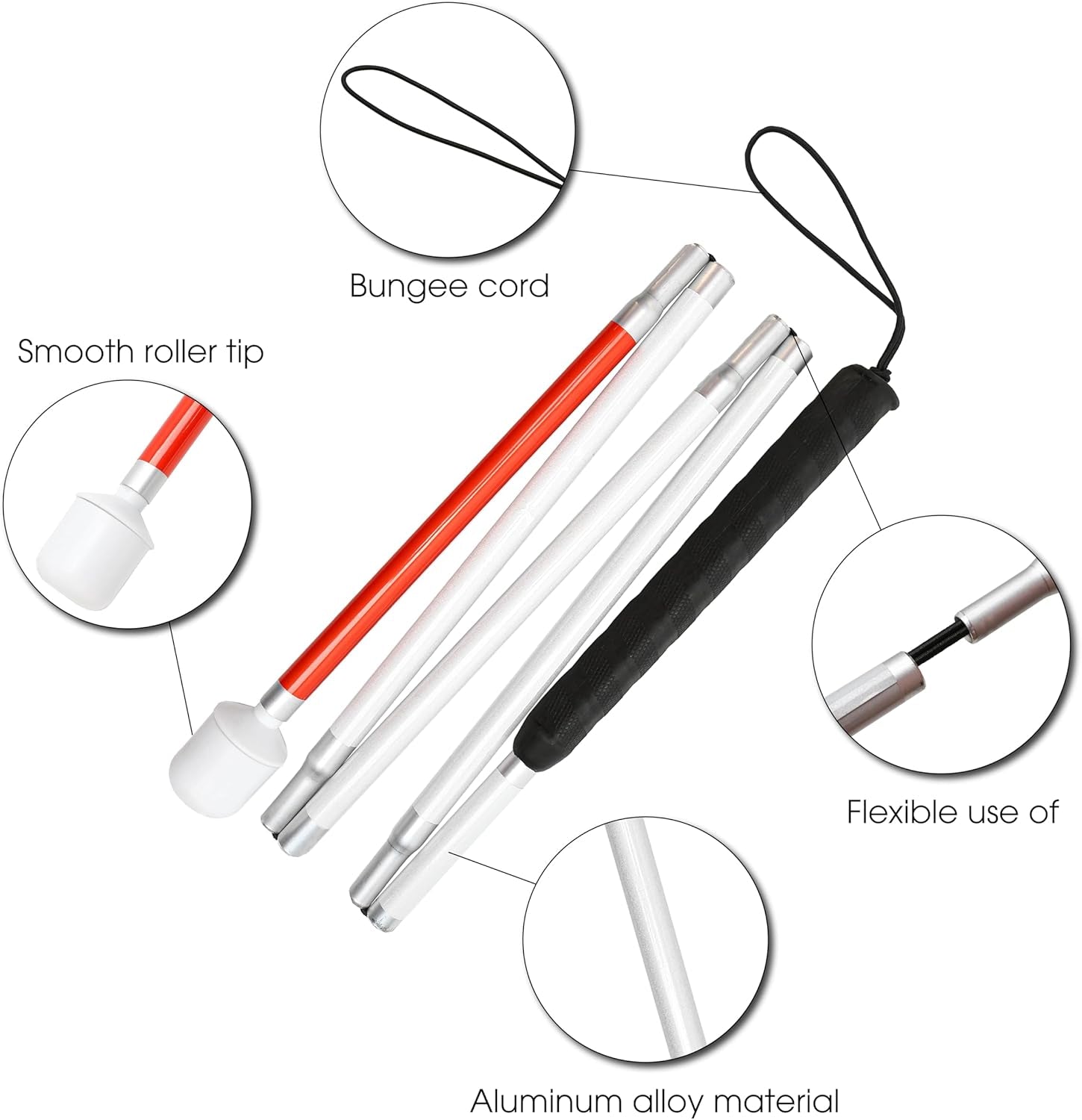 Premium Reflective Blind Cane Stick - Foldable Mobility Aid in Red, White & Black