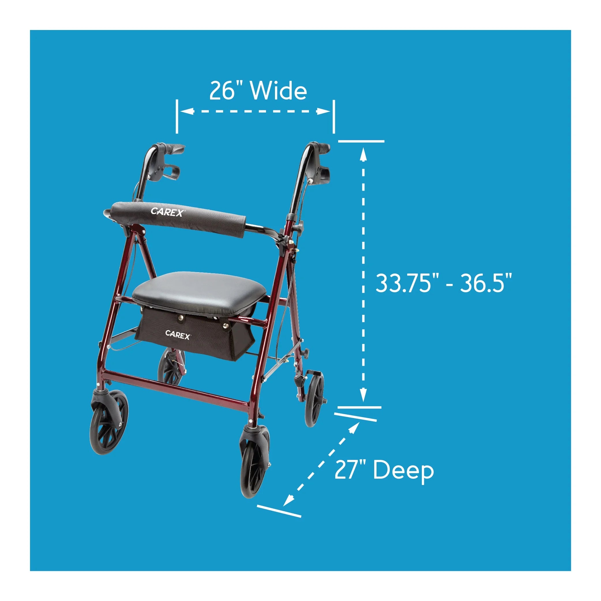 Premium Burgundy Aluminum Rolling Walker with 8" Wheels - Safe, Stylish, and Supports Up to 250 lbs