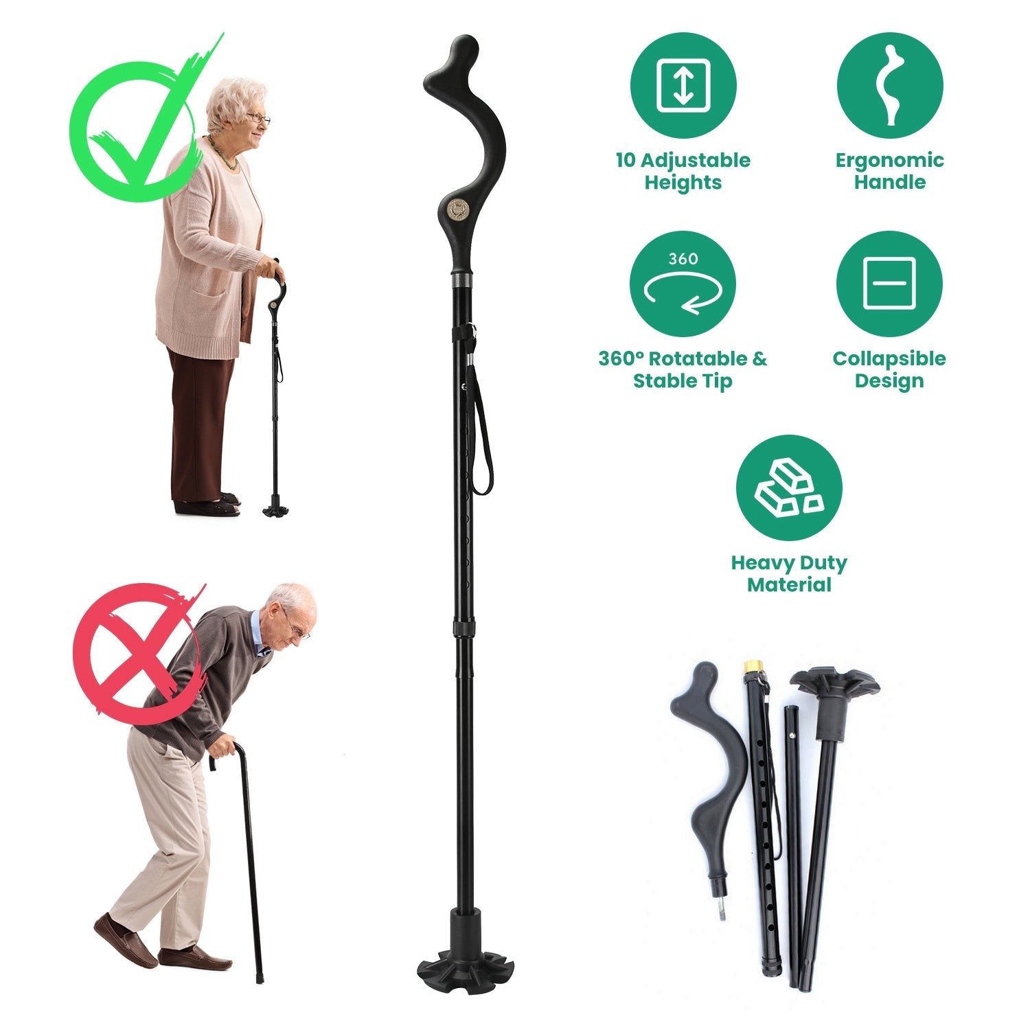 Foldable Posture Improving Walking Cane - Men/Women