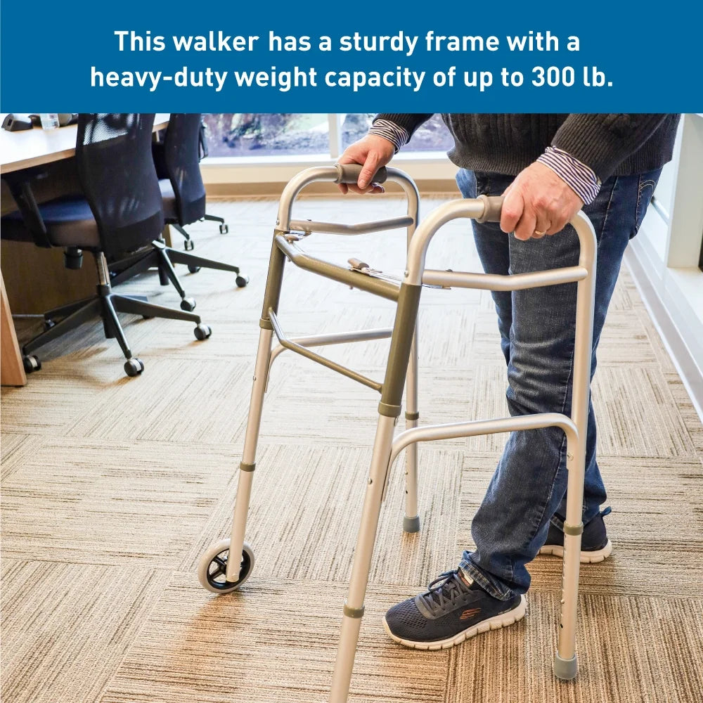 Lightweight Two Button Folding Walker with Wheels - Perfect Mobility Aid for Seniors and Adults with 300 lb Capacity