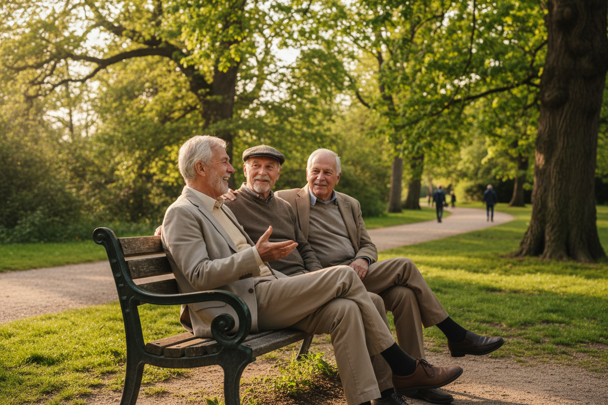 image of 3 elderly men sitting on a bench at the park